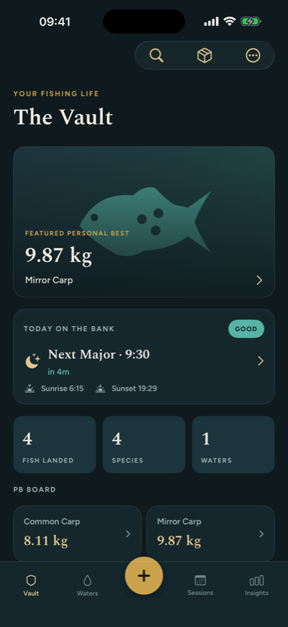 The Vault screen in Tacklebox showing a featured personal best of 9.87 kg mirror carp, today's bite windows and a personal-best board.