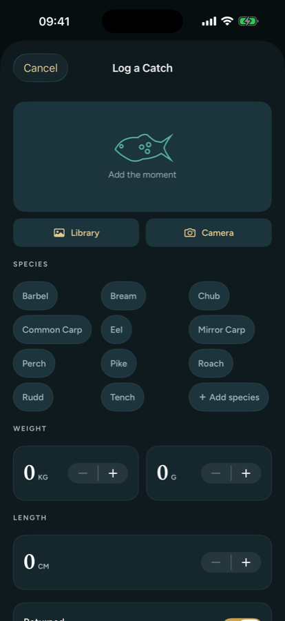 Log a catch screen